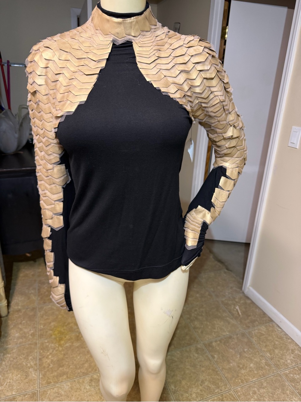 AKIRA Black Top with Beige Layered Paneled Sleeves